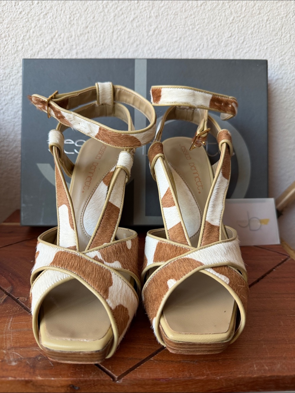 Jessica Bennett: Women’s Ankle-Strap Cowhide Platform Sandals - Tan & White